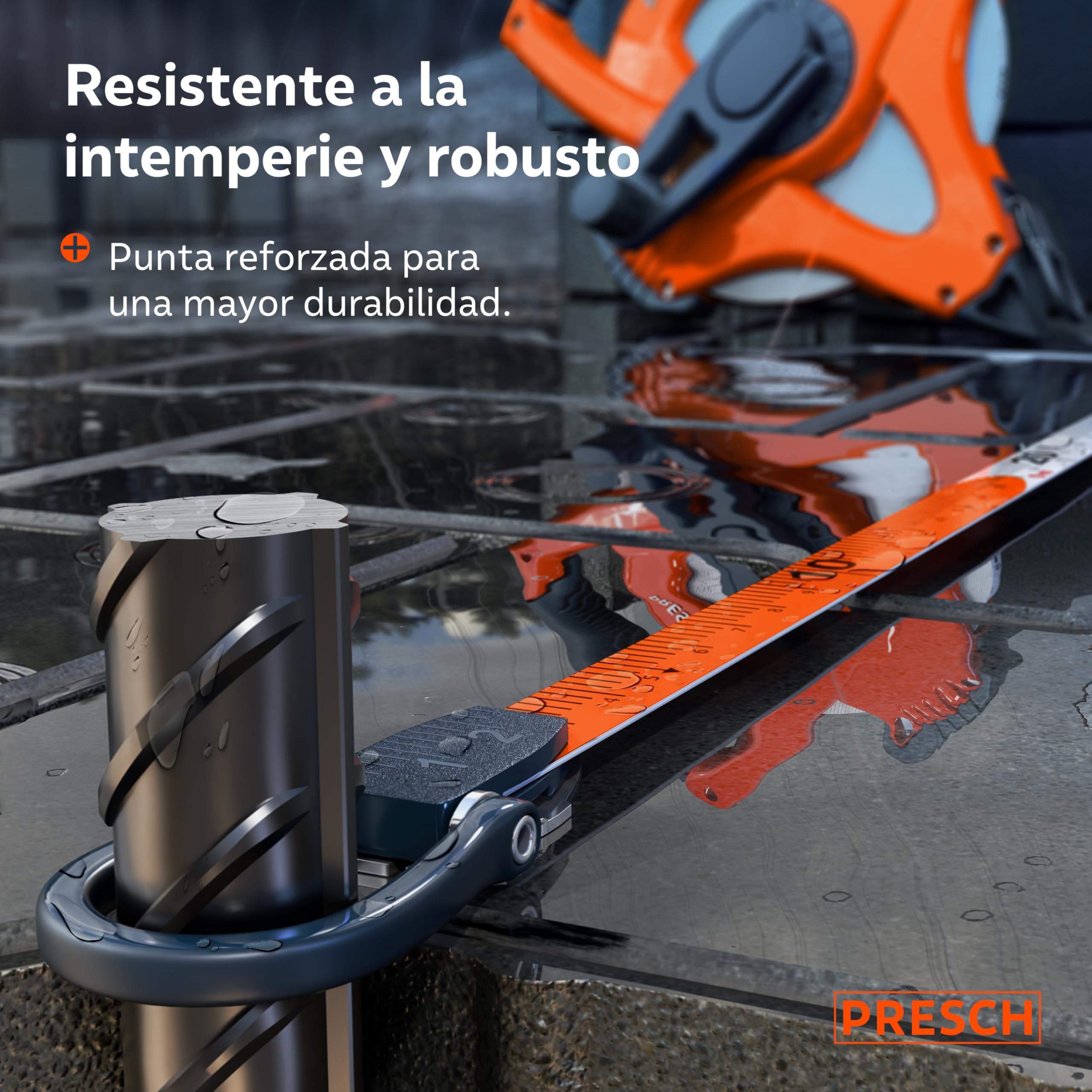Presch Cinta Métrica 50 metros – Retorno rápido 3:1 – Flexómetro de fibra de vidrio resistente – Bloqueo de manivela para tensión perfecta – Sujeción segura con gancho multifunción