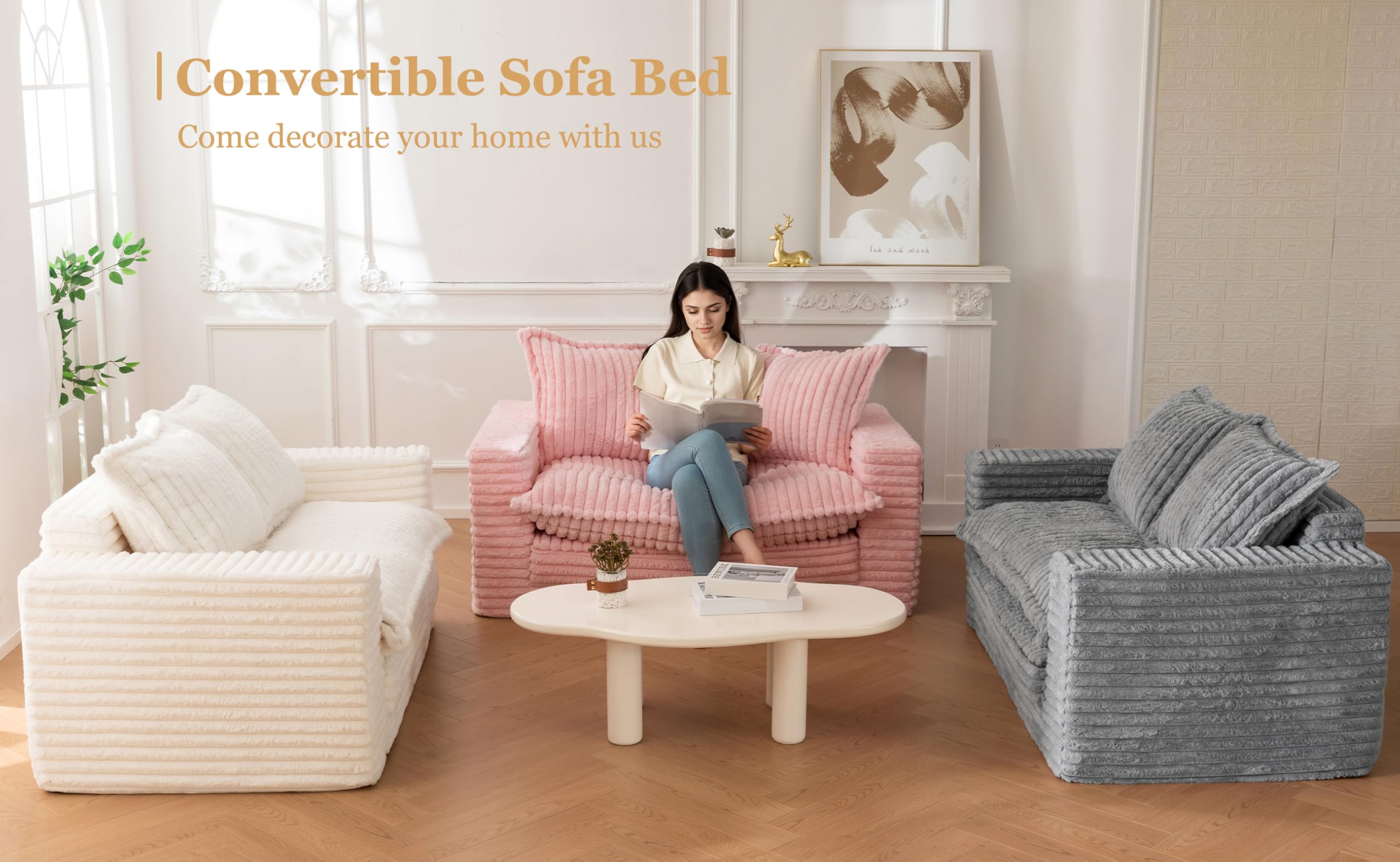 Loveseat Sleeper Sofa, Convertible Sofa Bed Couch Futon Couches for Living Room, 3-in-1 Pull Out Floor Couch with Cushion and Pillows, Dark Grey