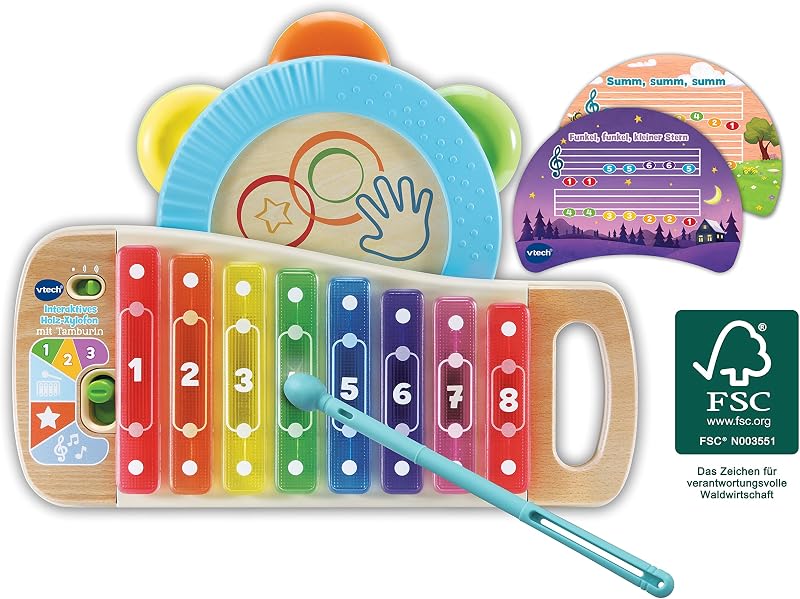 Xilófono de madera interactivo para bebés con pandereta - Luminoso juguete musical hecho de madera 100% FSC® - para niños de 1,5 a 4 años (Idioma: alemán)