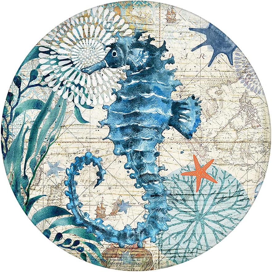 Uphome Round Bathroom Rugs 2-ft Sea Horse Foam Bath Mat Non Slip Flannel Coastal Navigation Map Bath Rug for Shower Floors, Summer Ocean Life Bathroom Decorations