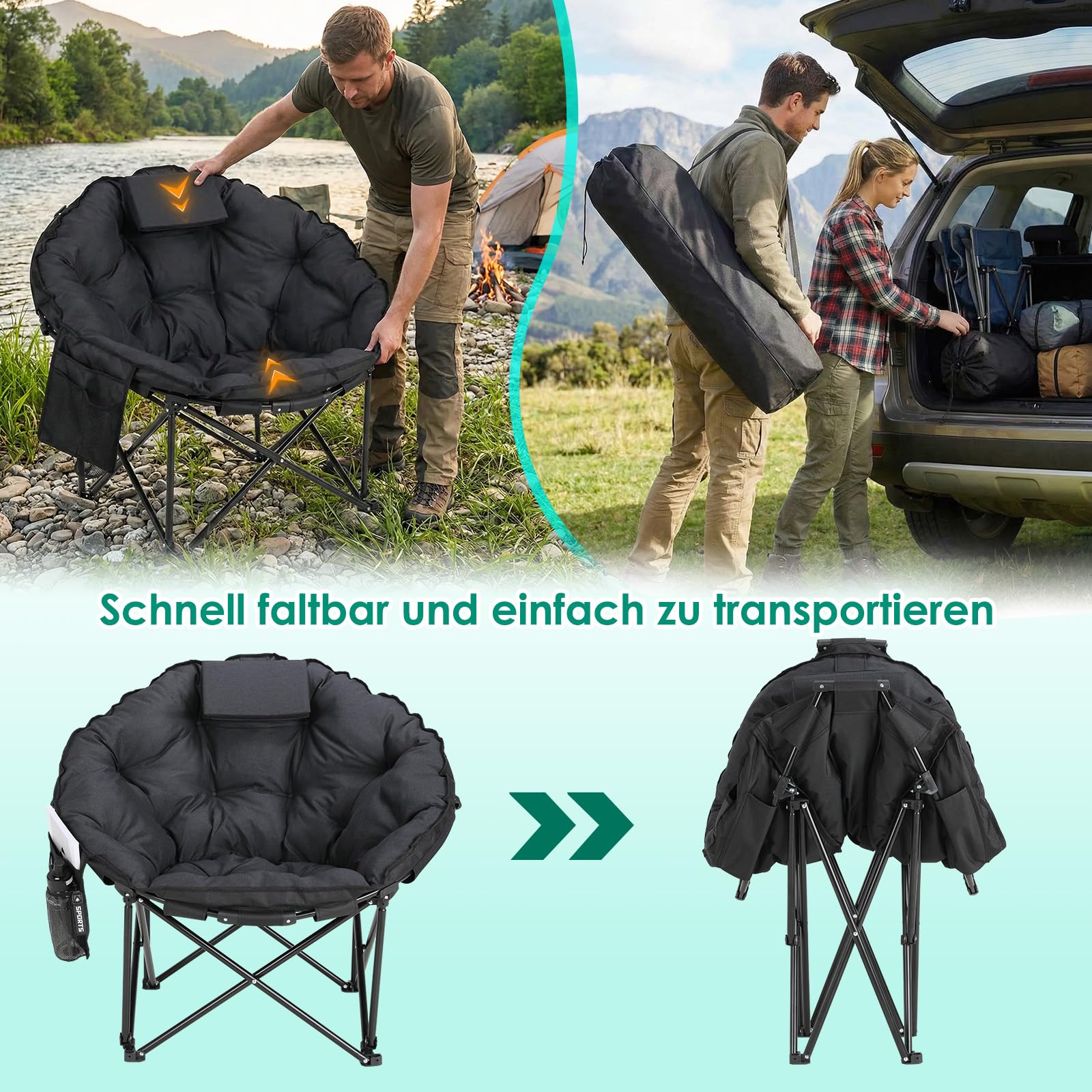 LIFERUN Moonchair XXL składane krzesło kempingowe, 150 kg, sofa kempingowa dla 1 osoby, krzesło składane XXL, do użytku na zewnątrz, do ogrodu, na balkon