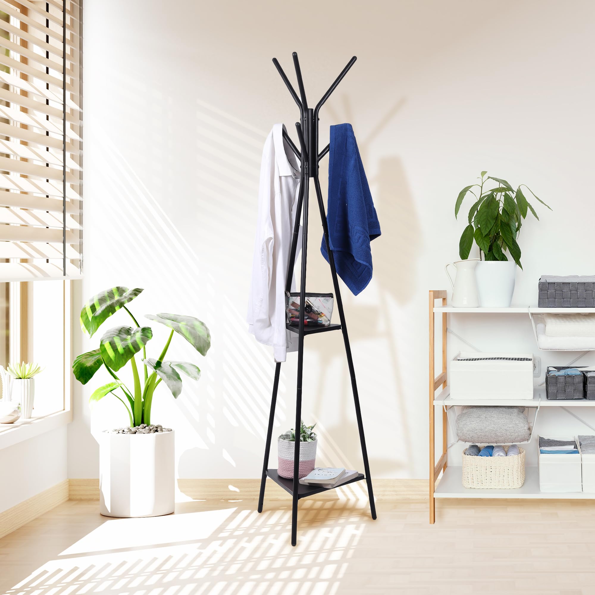 KRISHYAM® Coat Rack Freestanding Coat Stand,Coat Hanger Stand, Hall Tree with 6 Hooks and 2-Tier Shelves for Jacket,Clothes,Hat, Bag,Scarf,Umbrella (Single Rod with 2 wood Shelve-Black, Black) (B0DHCDM858) Amazon Price History, Amazon Price Tracker