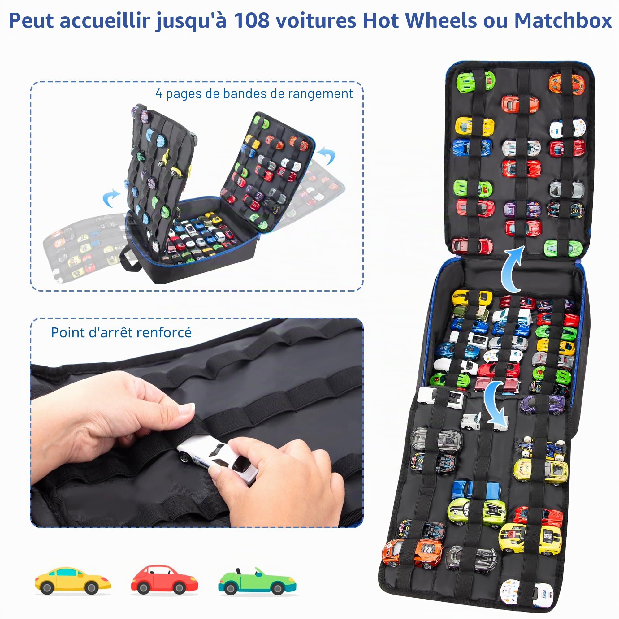Étui de Transport Portable adapté pour Les Voitures Voitures Jouets ou boîtes d'allumettes, Polyvalent pour 108 Voitures Jouets, Sac de Rangement Robuste à 4 Pages avec Poche Avant (étui