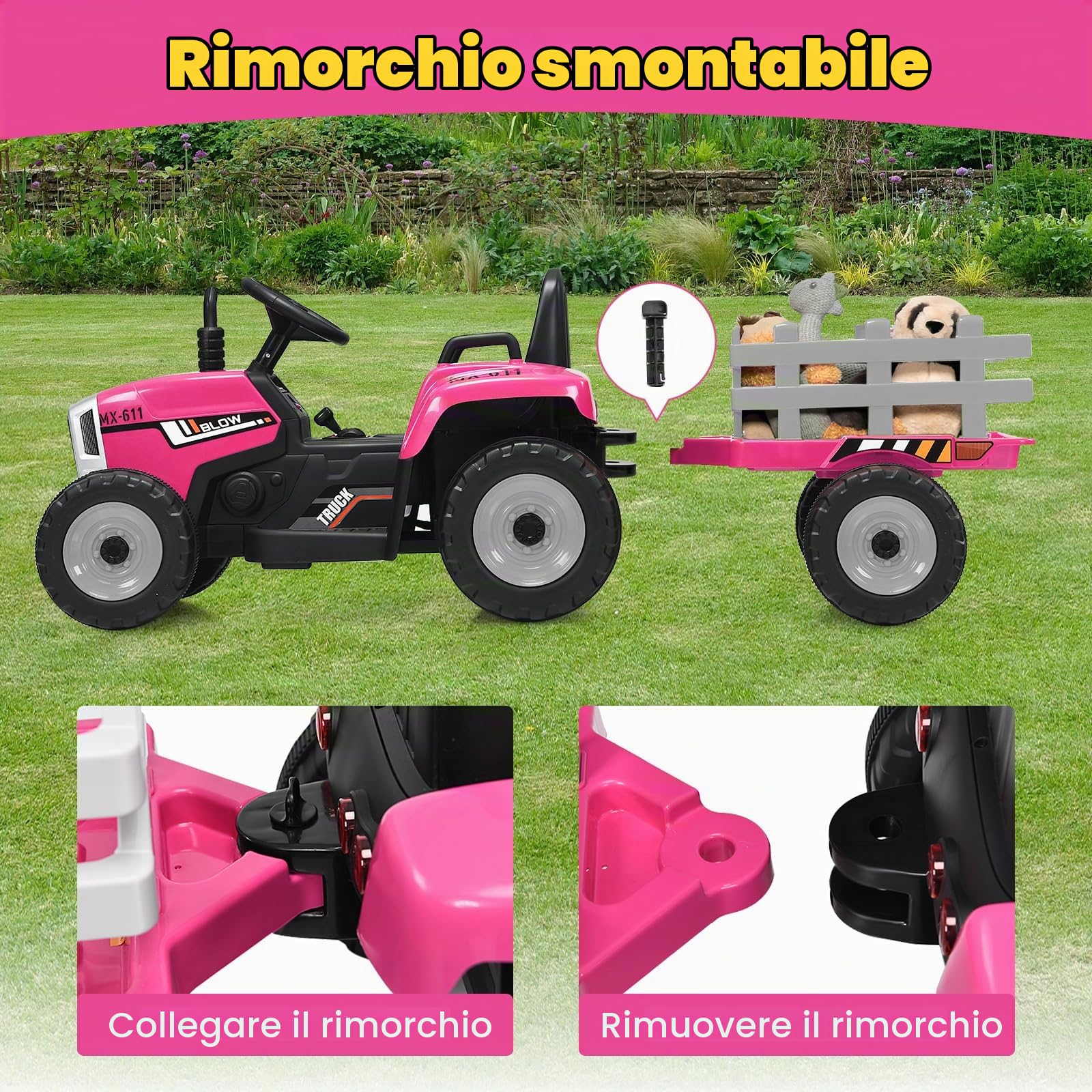 RELAX4LIFE Trattore Cavalcabile Elettrico per Bambini 12V a Batteria Ricaricabile con Telecomandato, Acceleratore a Pedale, Luci e Suoni e Rimorchio Rimovibile, 134 x 51 x 53 cm, Rosa