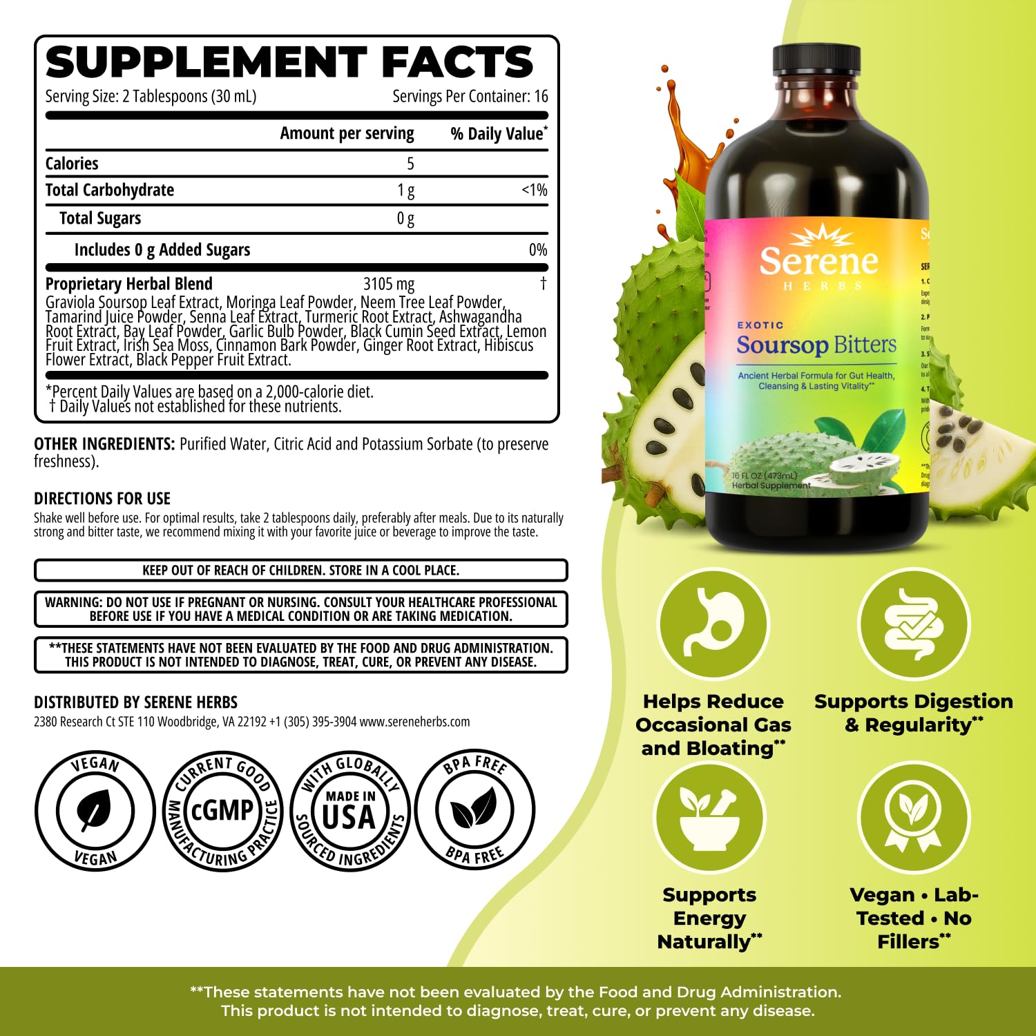Serene Herbs Soursop Bitters Liquid with Soursop Leaves for Gut Cleanse, Detox & Immune Boost with Black Seed, Moringa, Irish Moss, Ashwaganda, Turmeric, 16 fl oz (16 Fl, Soursop) — Amazon image 3