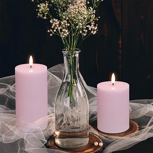 Miniatura 6 de Girimax Velas de pilar sin llama rosa con control remoto, velas LED parpadeantes de cera real para decoración de boda  3 pulgadas de alto, 4