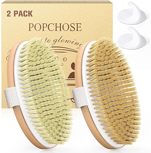 POPCHOSE Cepillo corporal de cepillado seco, cepillo exfoliante de cerdas naturales para piel seca, exfoliante corporal para piel impecable,