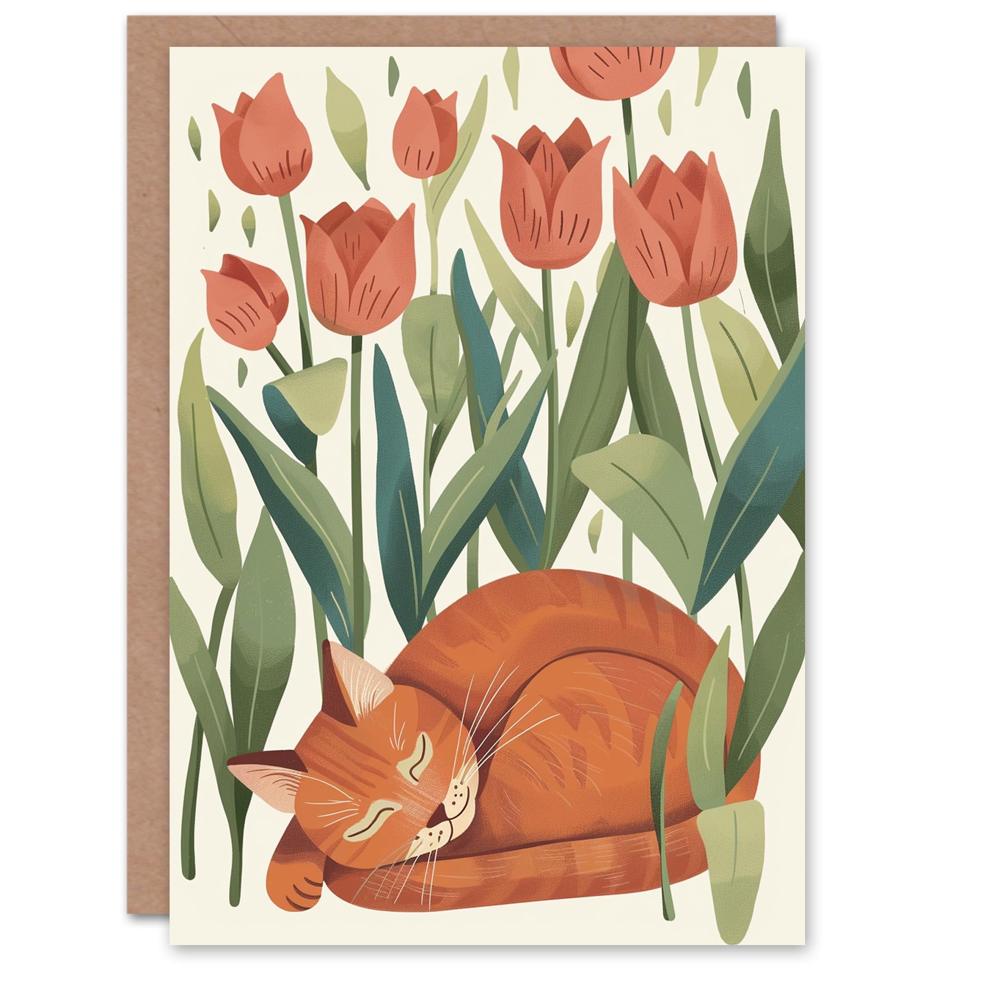 Artery8 Birthday Card Cat Lover Orange Tabby Sleeping Among Tulips