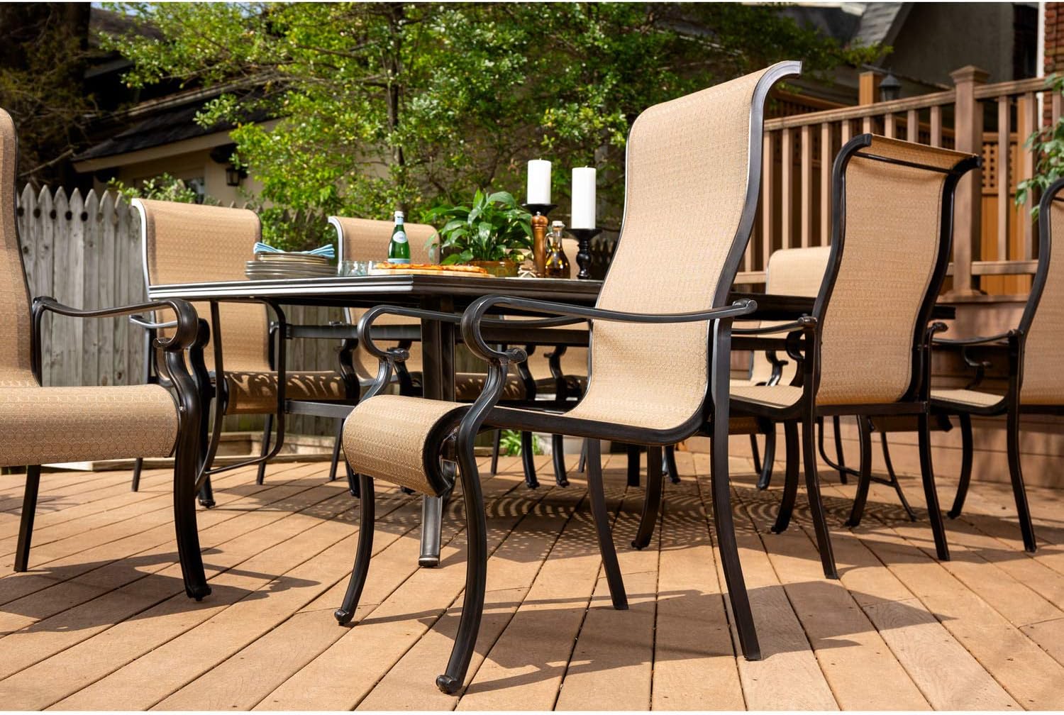 Hanover 9-Piece Brigantine Modern Outdoor Dining Set | 8 Sling-Back Chairs | 60'' x 84'' Cast-Top Table | Weather, Rust, UV Resistant | for Patio, Deck, Backyard | Tan | BRIGDN9PC