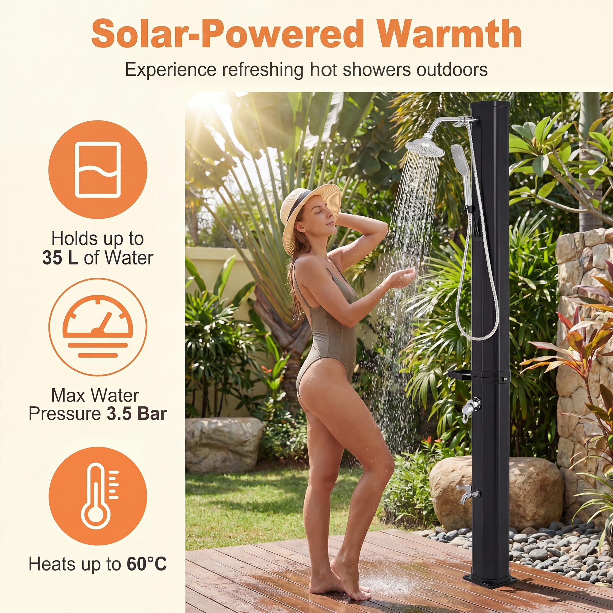 HOMASIS Solardusche 35L, Gartendusche mit 360° drehbarer Duschkopf, Handbrause & Fußdusche, Pooldusche mit Abdeckhaube, Campingdusche, Außendusche bis 60°C, für Strand, Garten, Pool & Camping
