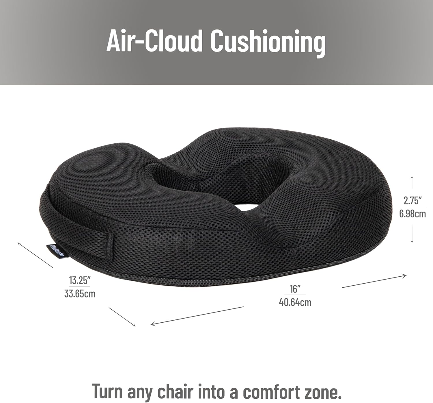 Mind Reader Donut Pillow Seat Cushion with Air-Cloud Technology, Tailbone, Hemorrhoid, Pregnancy Relief, Black