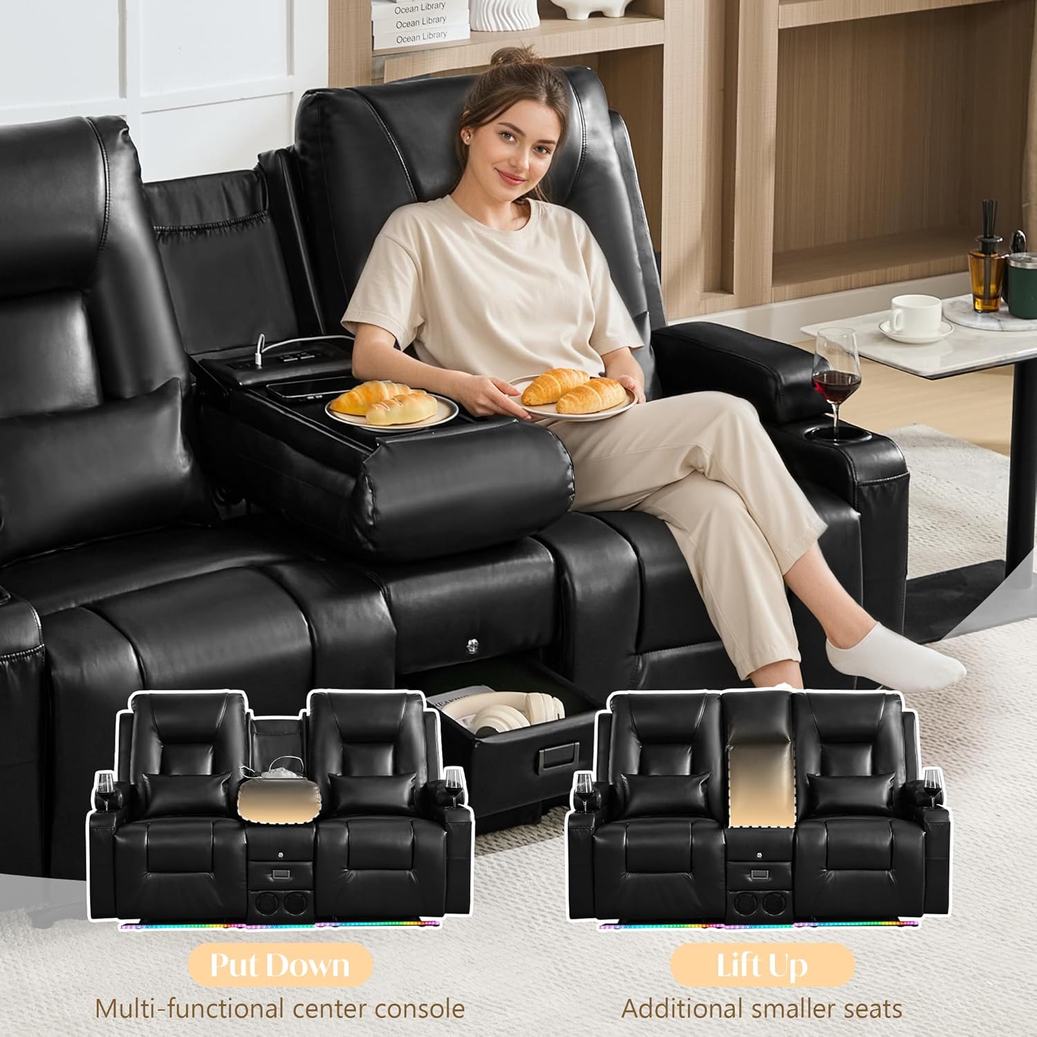 Loveseat Recliner RV Couch with Console, Dual Manual Reclining Loveseat with LED Light, USB & Type-C Ports, Bluetooth Speakers, RV Sofa for Camper, Travel Trailer, Faux Leather, Black