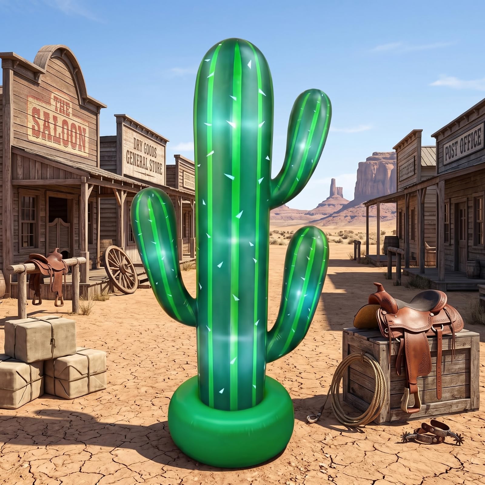 Photo 1 of Soulchen 6.6Ft Giant Inflatable Cactus, Cactus Prop Decor with Built-in LED Light Blower Cacti Tree Decoration for Hawaiian Luau Tropical Parties Beach Poolside Western Cowboy Decor(Green,1 Pack)