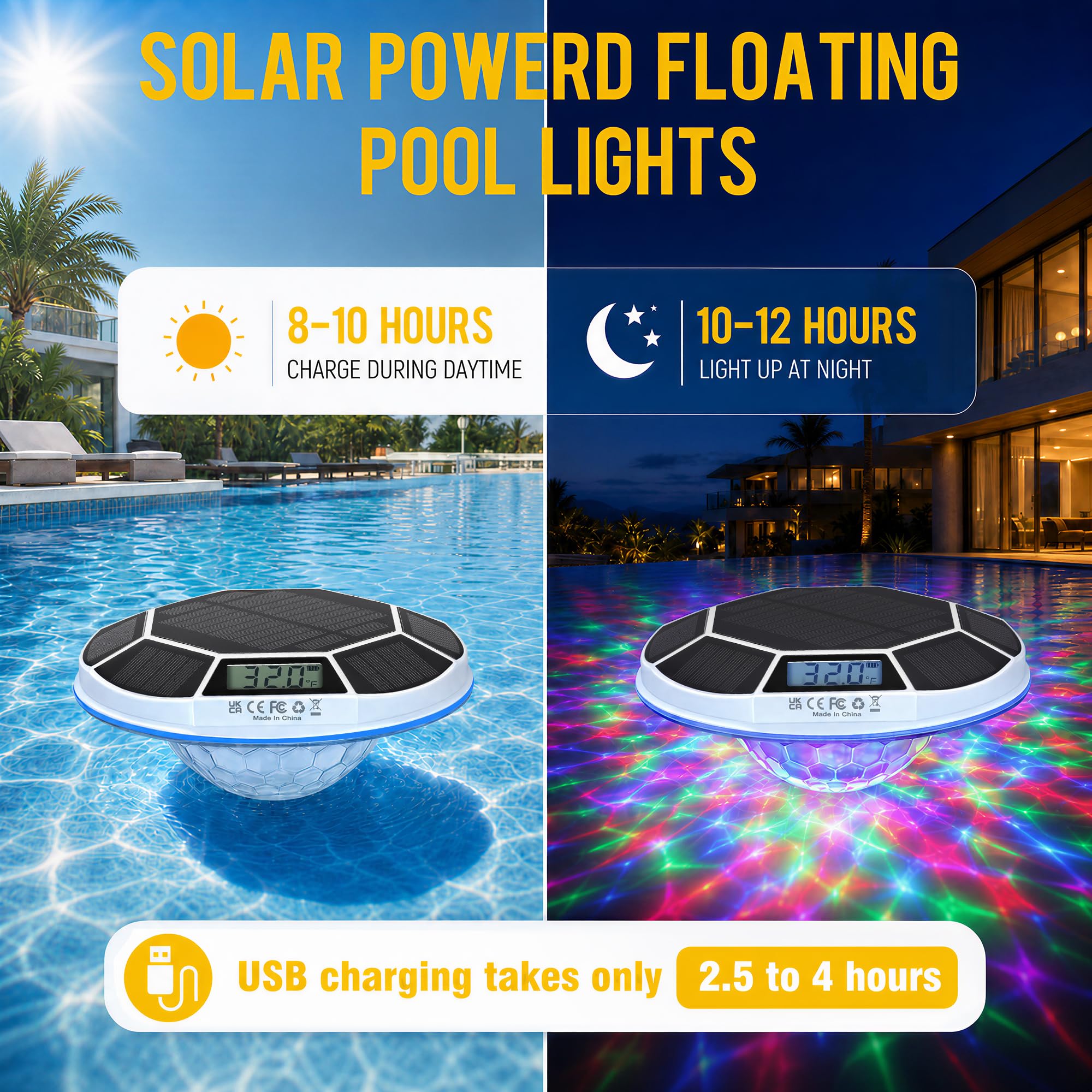 Partsam Schwimmende Poolleuchten Solarbetrieben mit digitalem Thermometer