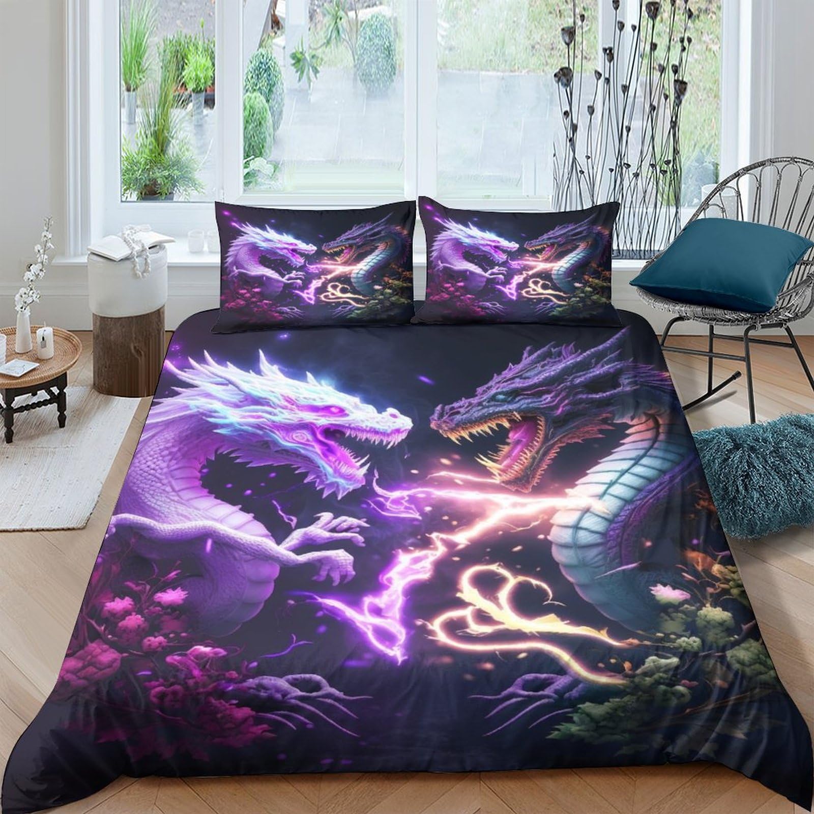 Parure housse de couette dragon 200x200cm 3D violette parure de lit enfant 3 pièces