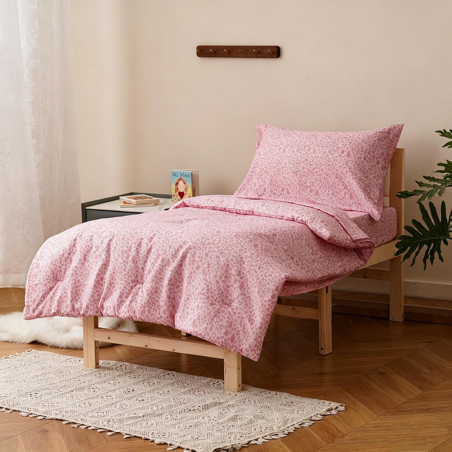Cottonight Cotton Toddler Comforter Set Pink Leopard 4PCS Crib Bed Set Girls Kids Children Bedding Set for Dorm Kid's Bedroom (1 Comforter, 1 Flat Sheet, 1 Fitted Sheet, 1 Pillowcase)