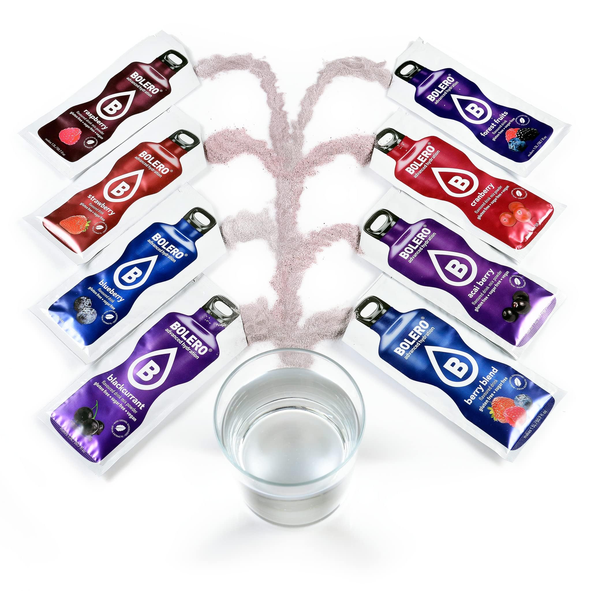 Boisson Boléro BERRY MIX | 24x9g I boisson rafraîchissante en poudre sans sucre édulcorée à la stévia | Vitamine C | pour diabétiques | arômes de baies | boissons pour la famille et les amis