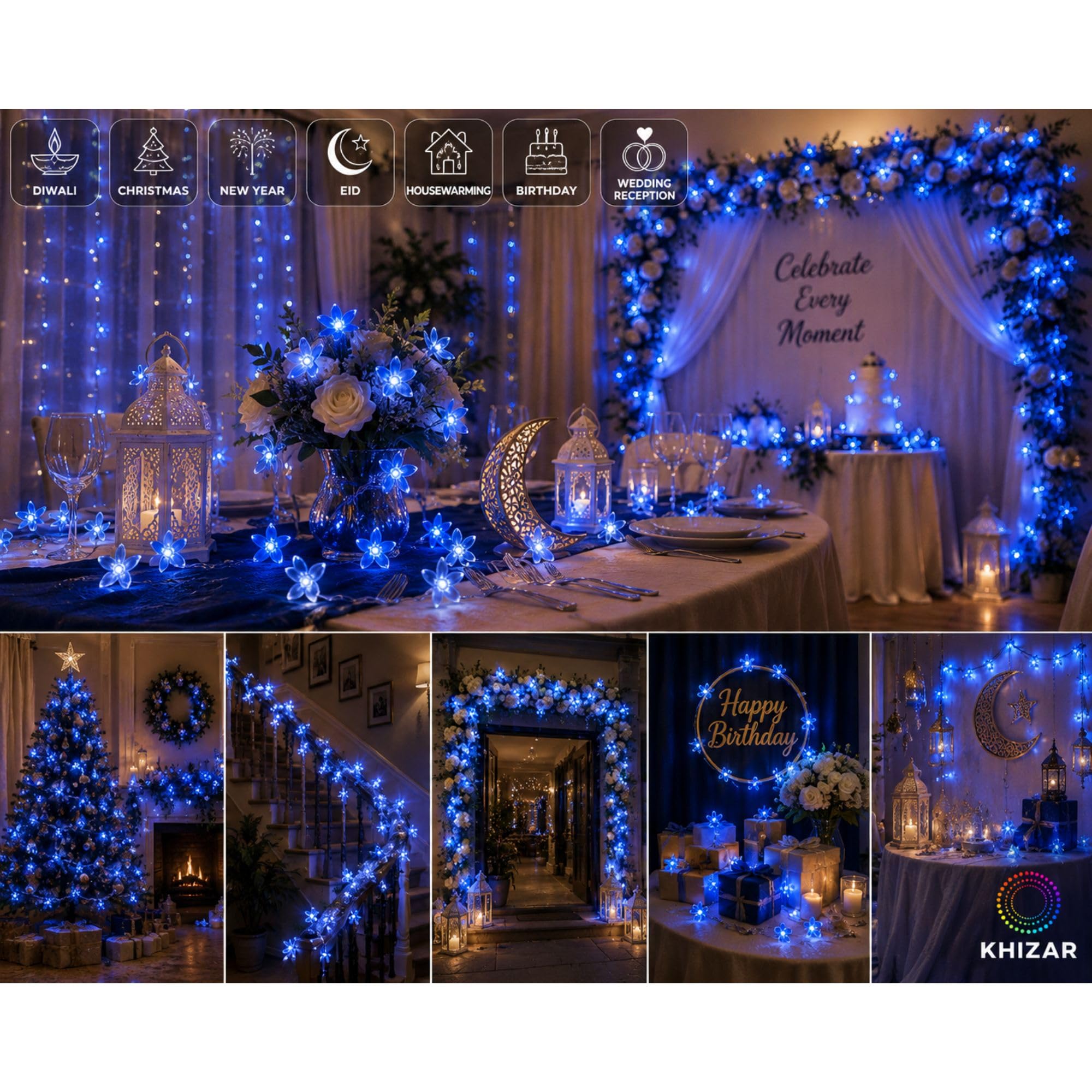 KHIZAR 16 LED Blue Silicone Flower String Lights Plug-in Decorative Fairy Lights for Bedroom, Home, Wall, Window, Christmas Tree, Diwali, Wedding, Party, Balcony, Indoor Decor, Flexible Wire 3