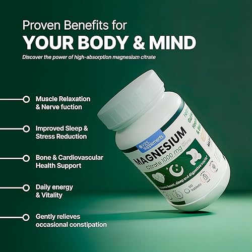 Miniatura 5 de Tabletas de citrato de magnesio de 1000 mg, suplemento de alta absorción para la función muscular, fuerza ósea, salud nerviosa y relajación, sin