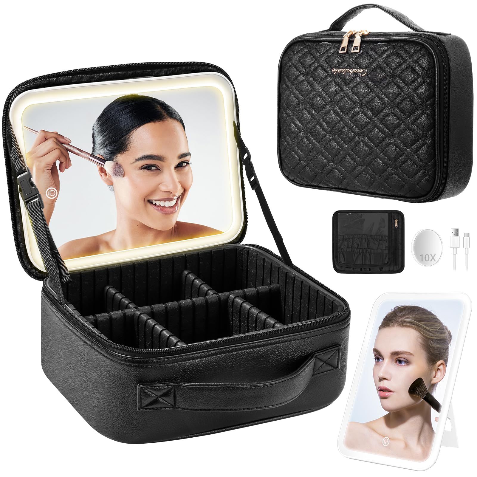 PEEH Makeup Bag with Lighted Mirror, Travel Make up Train Case with Adjustable Brightness Vanity Mirror and Detachable 10x Magnifying Mirror, Adjustable Dividers Cosmetics Organizer for Women, Black, Beige