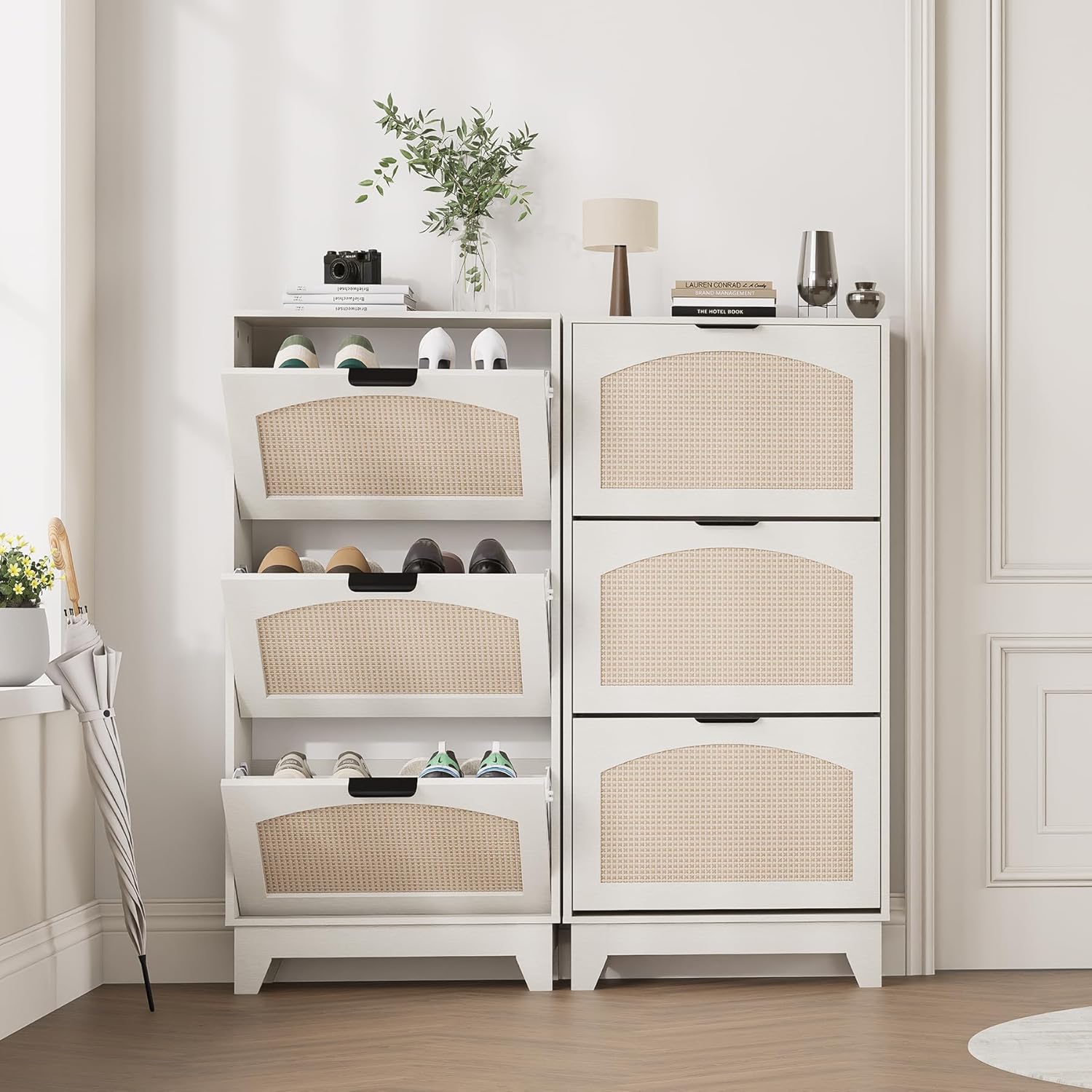 3-Drawer Rattan Shoe Storage Cabinet, Freestanding Narrow Shoe Organizer with Flip Drawers, Hidden Shoe Rack Dresser for Entryway/Hallway (White) - Image 9