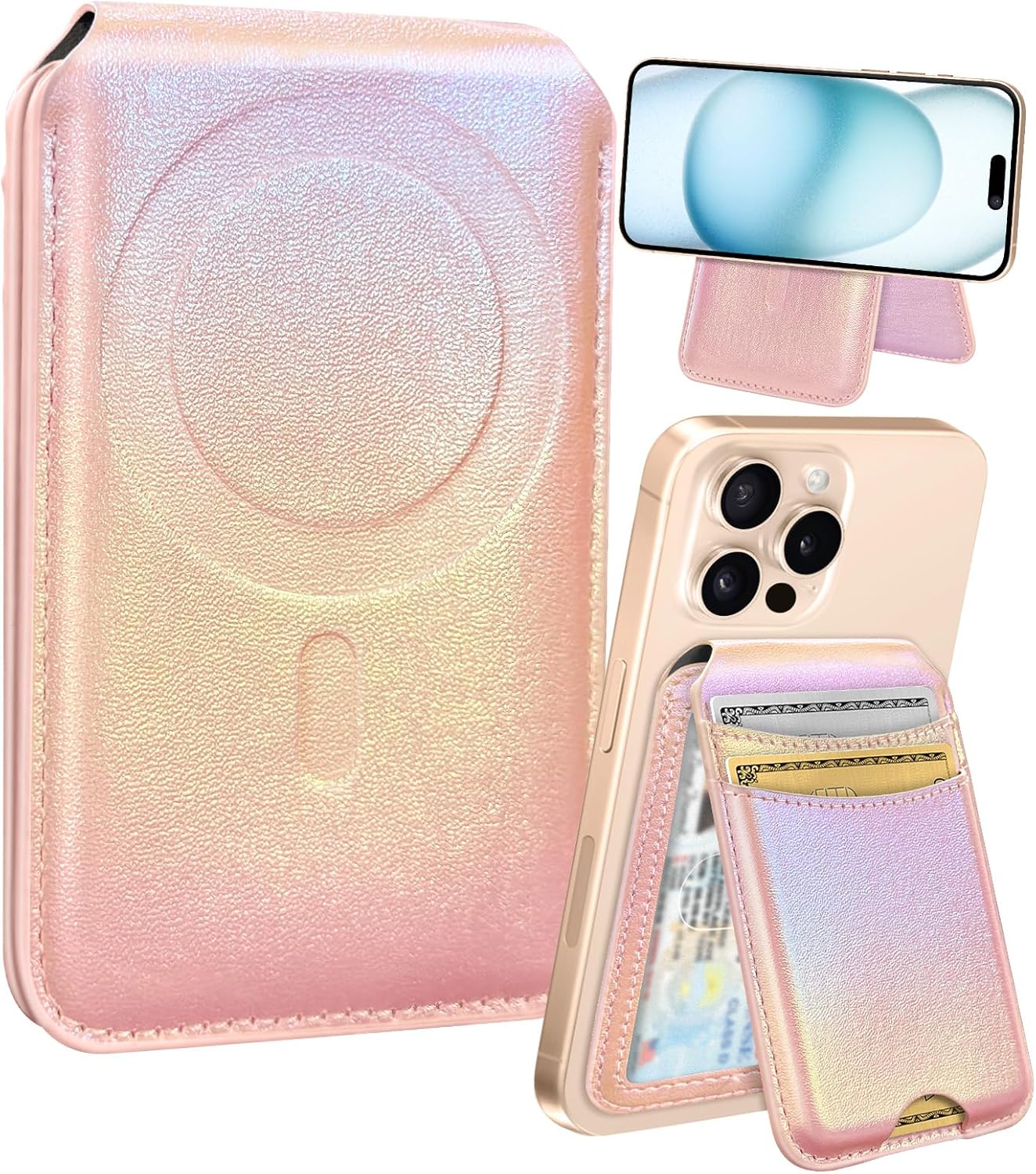 Shorogyt Compatible with Magsafe Wallet for Magnetic Fold Card Holder for Women - Cute Phone Wallet for iPhone 17/16/15/14/13/12 Series,RFID Blocking Stand Printed Leather Fit 5 Cards,Pk Purple