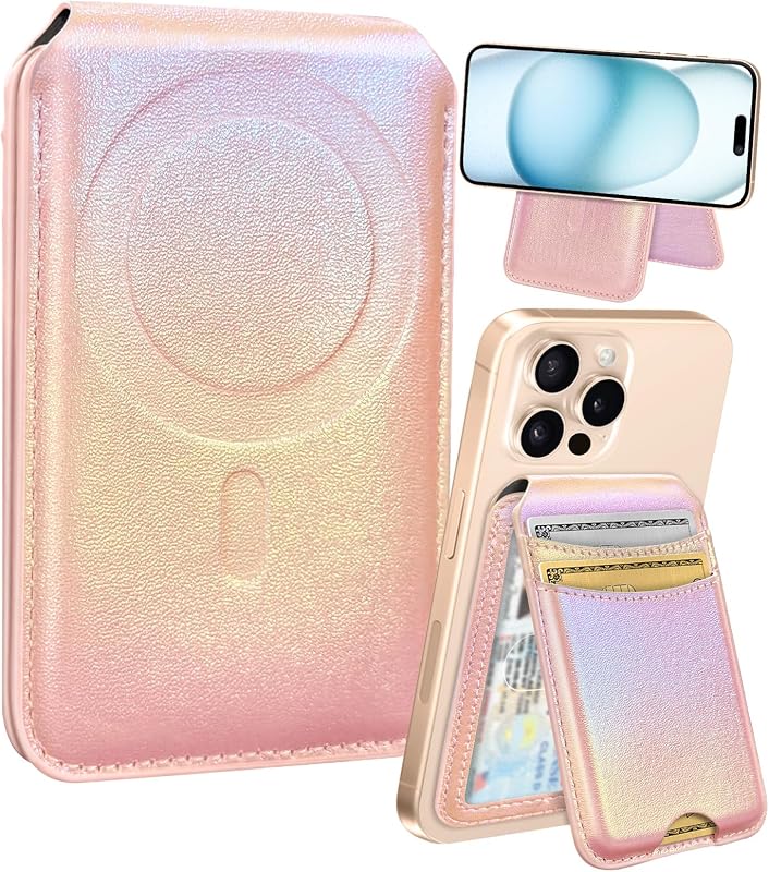 Shorogyt Compatible with Magsafe Wallet for Magnetic Fold Card Holder for Women - Cute Phone Wallet for iPhone 17/16/15/14/13/12 Series,RFID Blocking Stand Printed Leather Fit 5 Cards,Pk Purple
