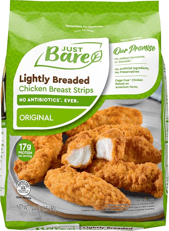 Just Bare Lightly Breaded Chicken Breast Strips | Fully Cooked | 16G Protein |Frozen | 1.50 LB