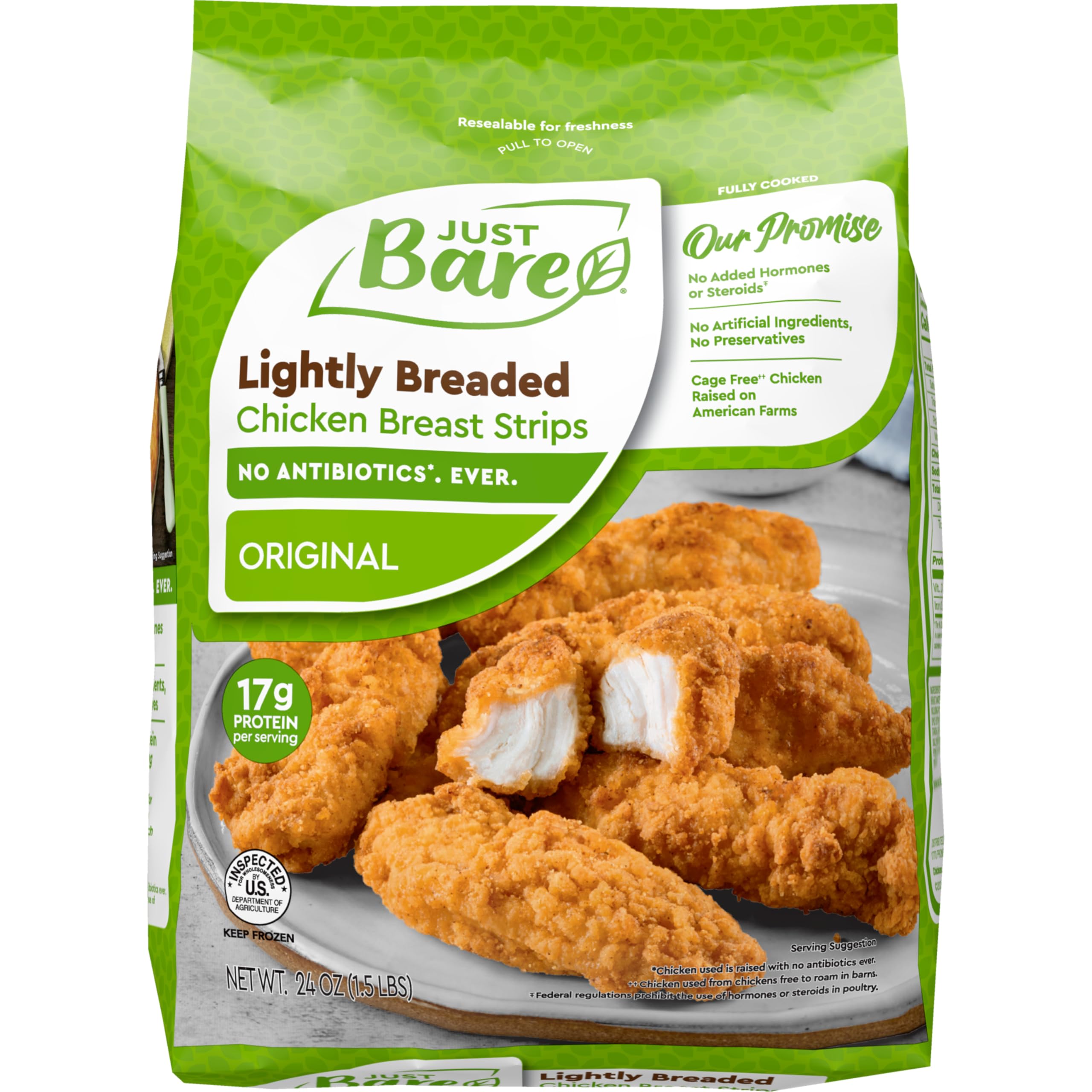 Just Bare® Chicken Lightly Breaded Breast Strips | Fully Cooked | 16G Protein | Frozen |1.50 LB