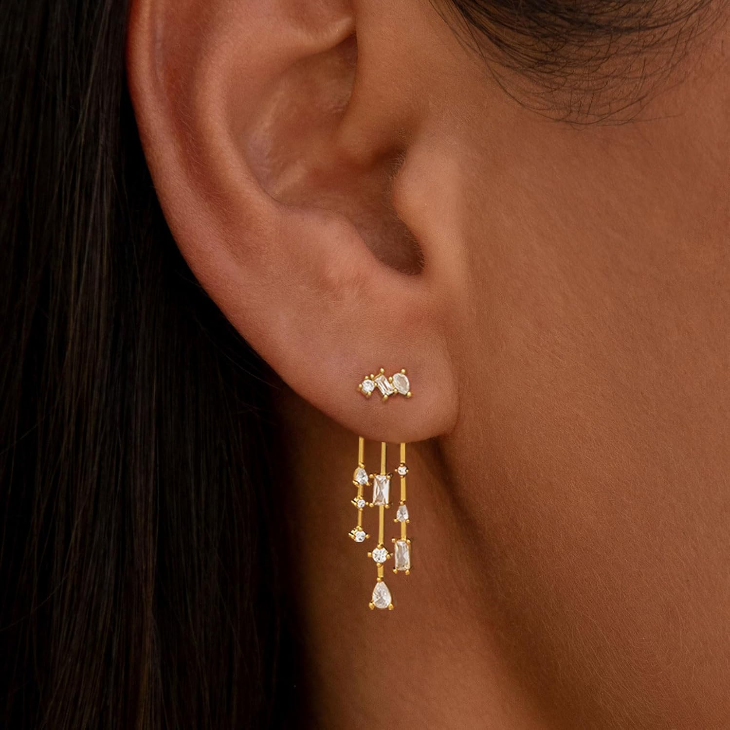 Dangle Earrings for Women, Dainty Gold Drop Earrings 14k Gold Plated Long CZ Bar Earrings for Women Trendy Simple Hypoallergenic Chandelier Stud Earrings Formal Wedding Prom Jewelry for Women - Image 2