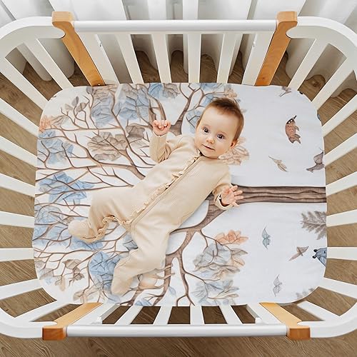 Miniatura 7 de Kigai Sábana bajera ajustable para cuna para niños y niñas, diseño de árbol de animales, suave, transpirable, unisex, para colchones estándar de
