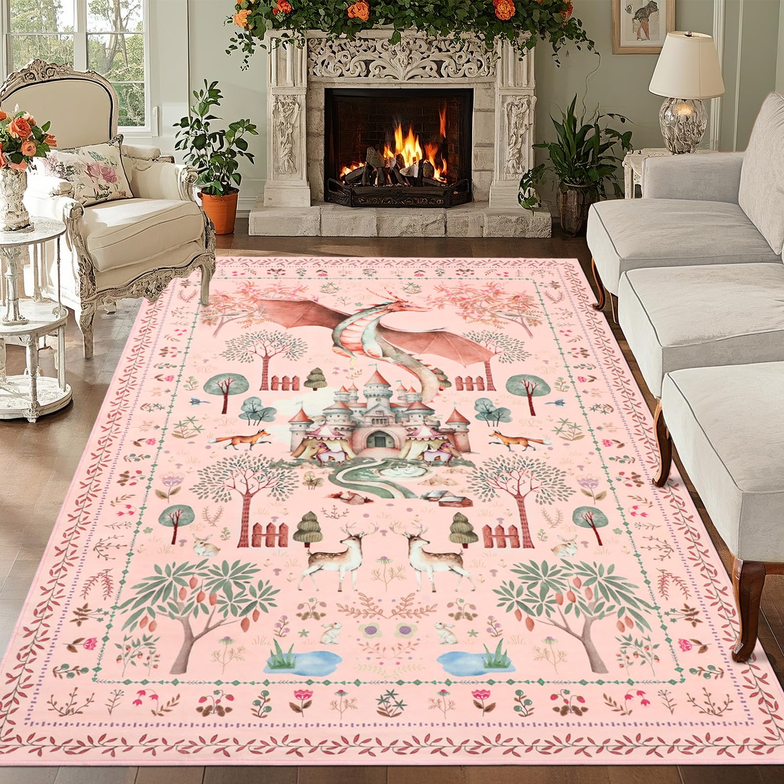 TUKDAK Dragon Rugs for Living Room 160x230cm Washable, Pink Animal Bedroom Rugs Non Slip Rubber Backing, Soft Jungle Forest Low Pile Floor Carpet for Kids Office Dining Room Kitchen Nursery Room — image 1
