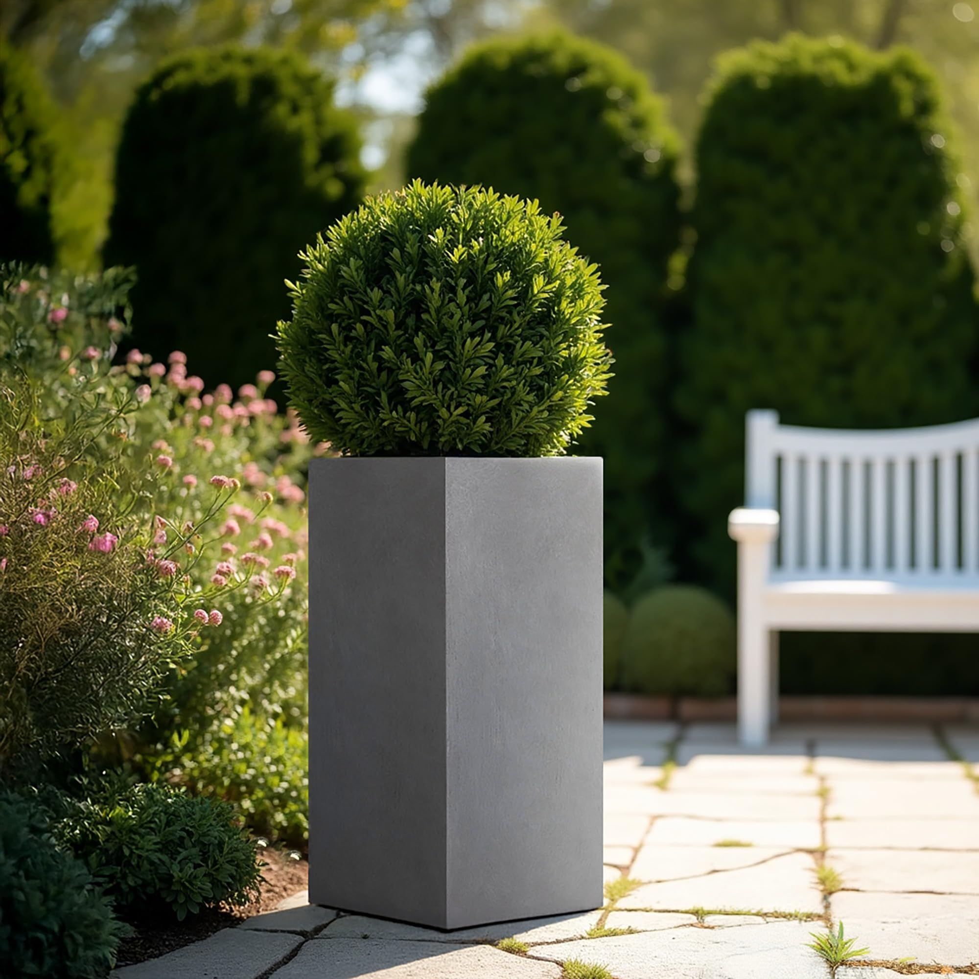 IDEALIST Extra Large 80cm Tall Garden Planters with Drainage Holes | Dark Grey Reinforced Stone Tall Square Planter L40.5 W40.5 H80.5 cm, 92 litres