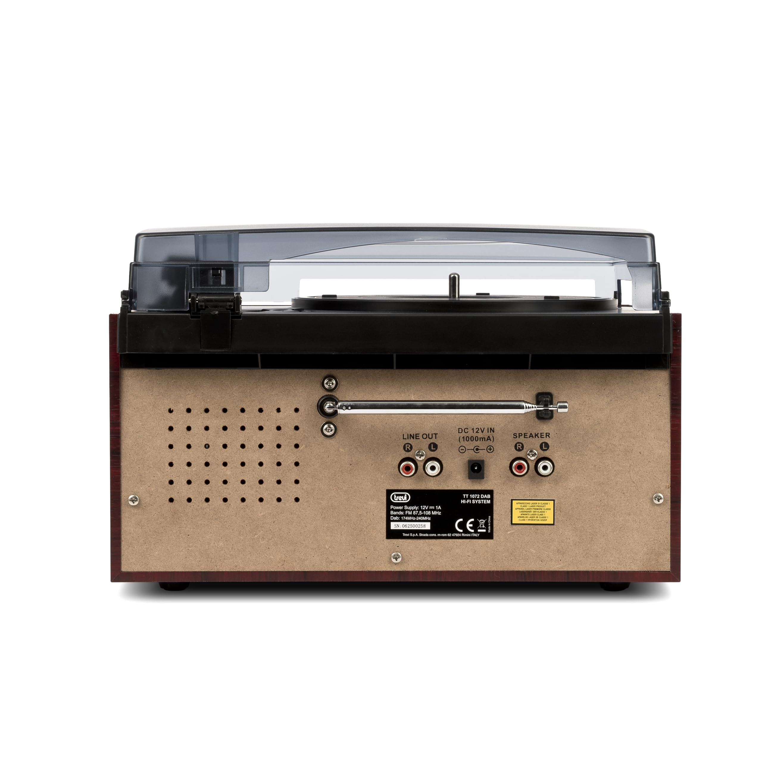 Trevi TT 1072 Dab, Platine Vinyle 33, 45 et 78 Tours, Lecteur Vinyle avec sans Fil, Lecteur CD et Mp3, USB et SD, 25 W, Radio numérique Dab/Dab+ FM, Prise Casque, caisses avec Bass Reflex, Bois