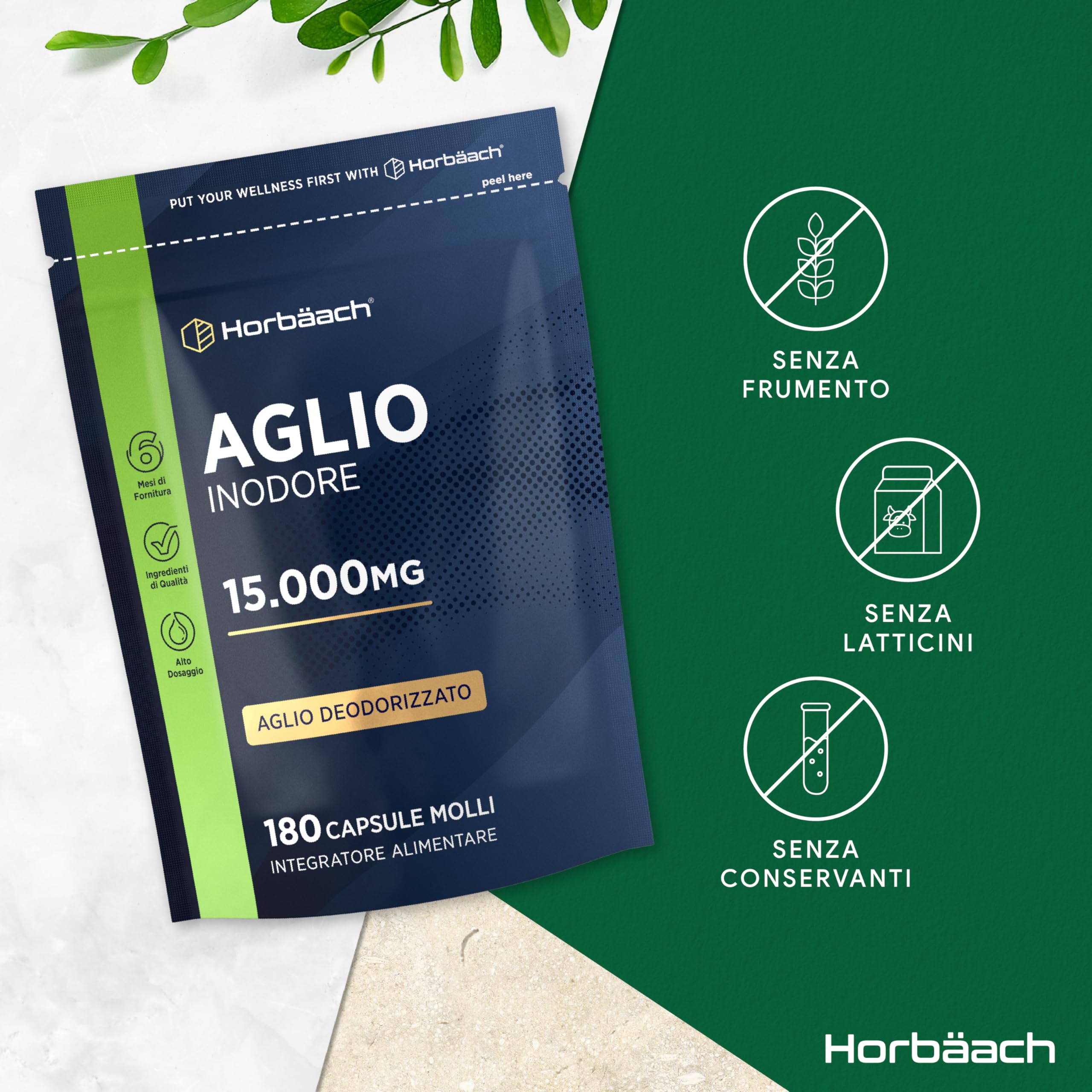 Aglio Capsule Inodore 15000mg | 180 Capsule Molli per 6 Mesi | Estratto di Aglio Deodorizzato ad Alto Dosaggio | Ricavato da Allium Sativum | Odorless Garlic Softgels | by Horbaach