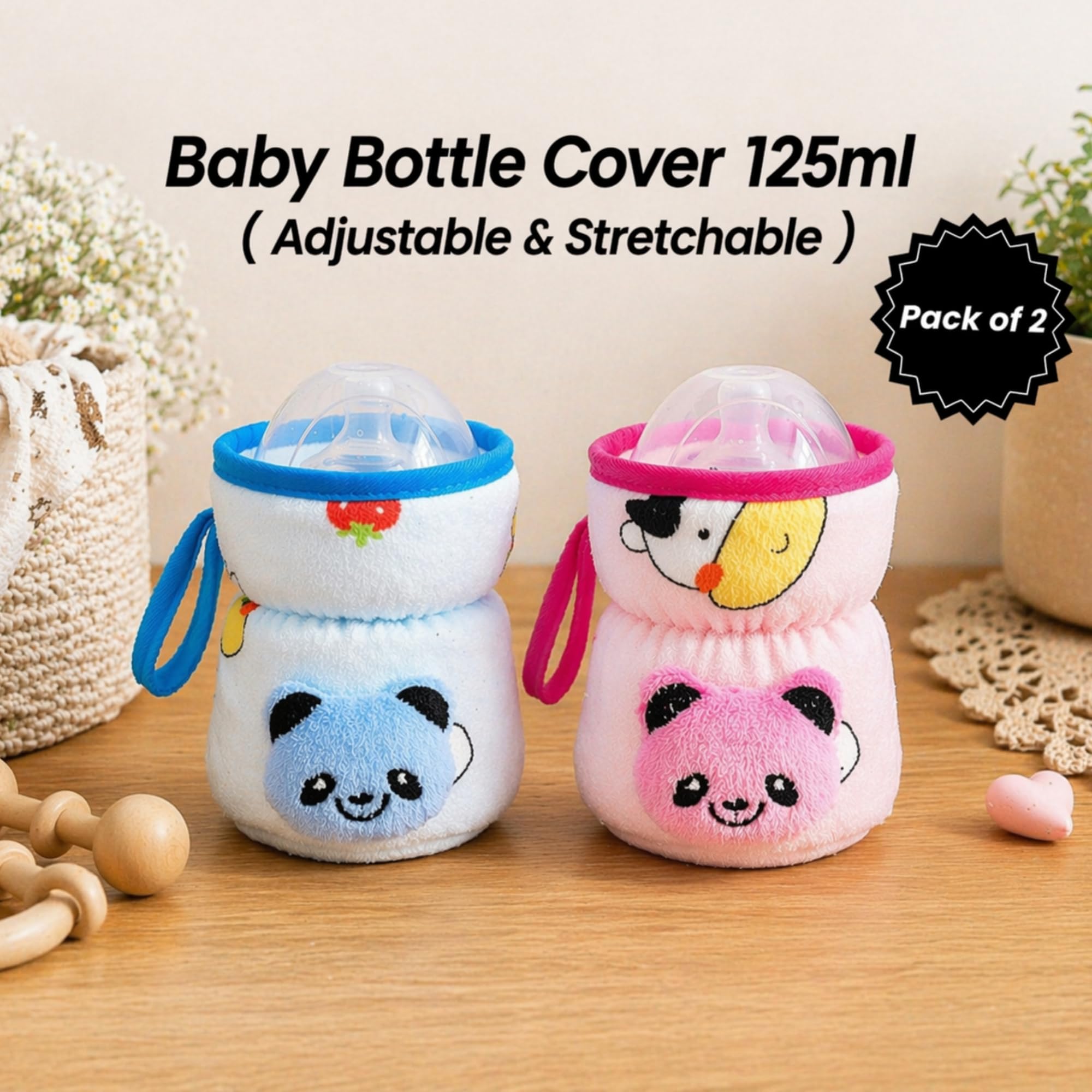 THE LITTLE LOOKERS Soft Plush Stretchable Baby Feeding Bottle Cover with Easy to Hold Strap | Cute Animated Overall Print Pack of 2 (Pink & Blue, Wide Neck 125ml/4oz) Cartoon Print May Very