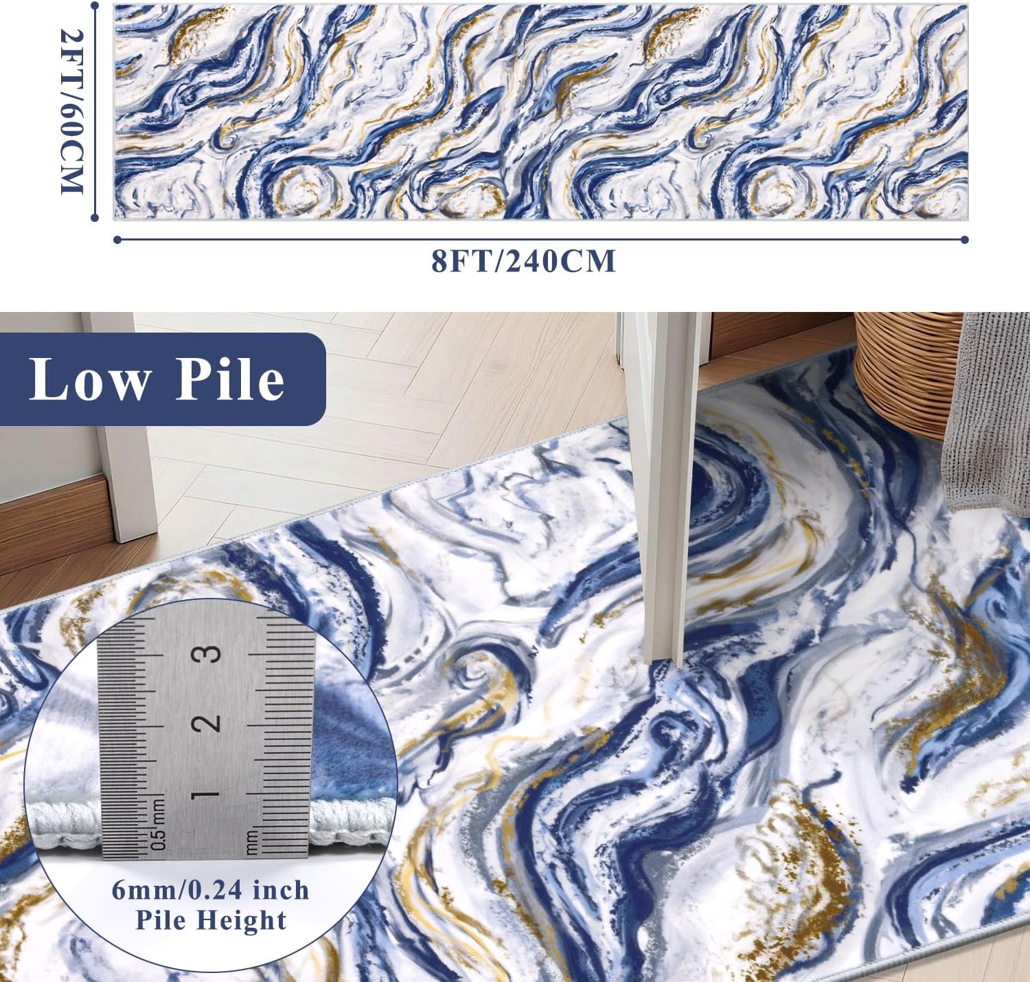 Yamaziot 2x8 Washable Runner Rug for Kitchen Hallways, Modern Abstract Non-Slip Rug with Rubber Backing, Stain Resistant & Low Pile Carpet Runner for Bedroom, Laundry, Entrance,Blue