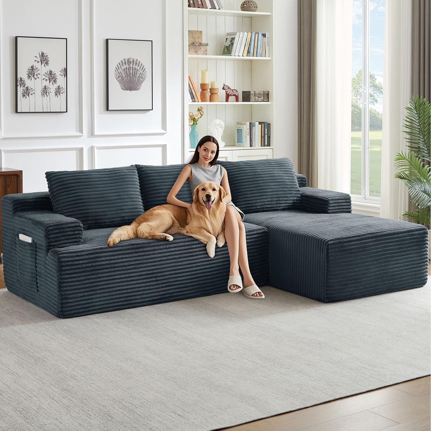 96" Cloud Sectional Couch with L-Shape Chaise, Modern Corduroy Boneless Couch for Living Room,Memory Foam Sofa with Deep Seat,No Assembly Required (Green,Left-Facing Chaise)