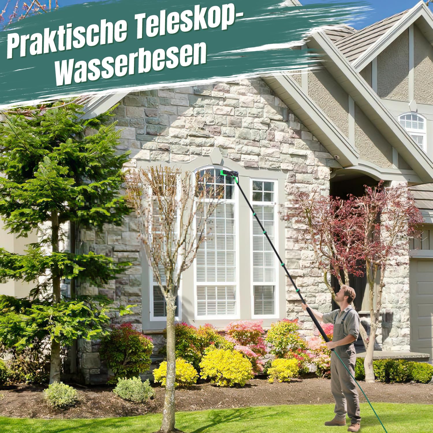 Spazzola telescopica per lavaggio, 3,6 m, con manico telescopico, set professionale con attacco acqua, pulizia di finestre e impianti PV, spazzola telescopica con setole morbide, per terrazza