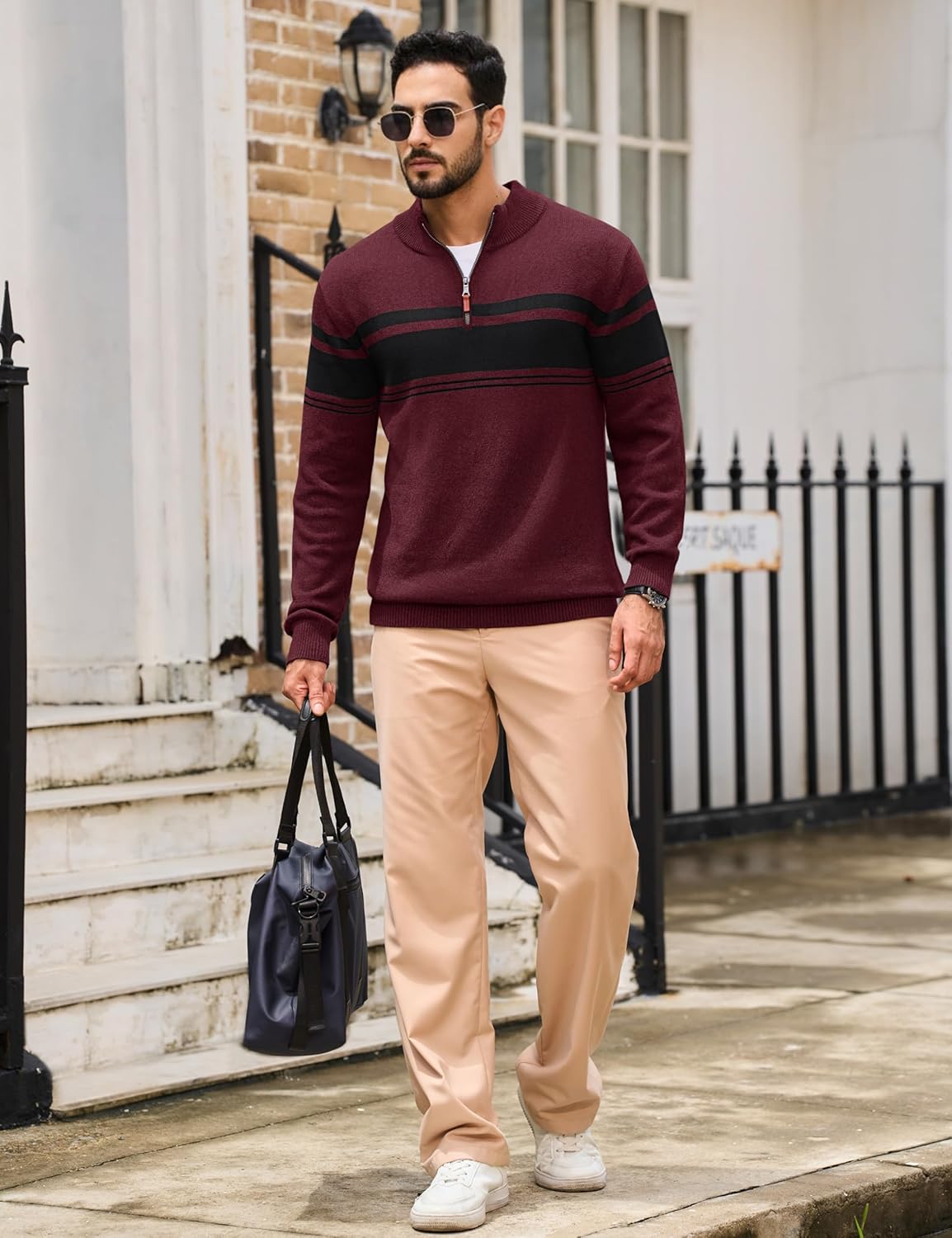 TACVASEN Men's Quarter Zip Sweaters Cotton Pullover Sweater Striped Casual Fall Winter Warm Pullover Sweatshirts - Image 4