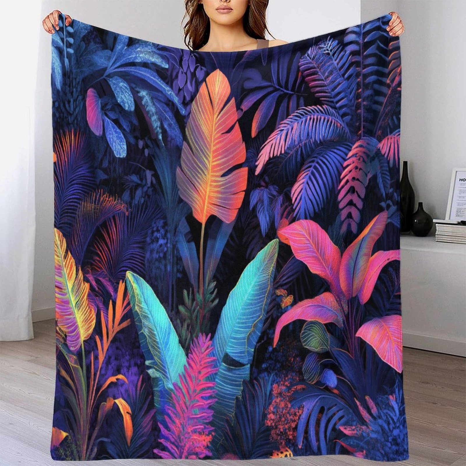 Piante della giungla tropicale in strane, luminose, neon Coperta 3D Colori simili Coperta Stampa Per Adolescenti E Adulti, Morbida Coperta in Peluche Per Le Vacanze 80x90inch(200x230cm)