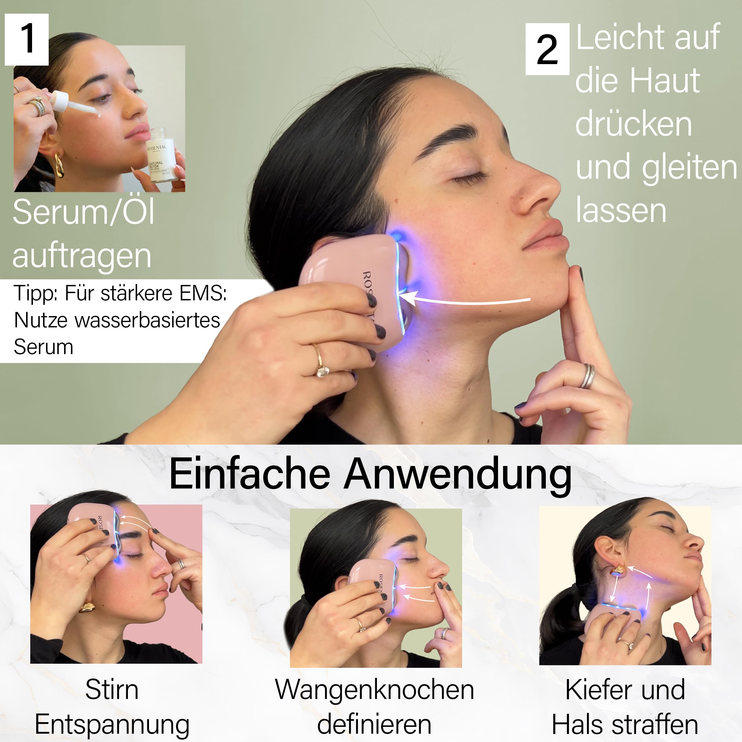 Rosental Organics EMS Gua Sha Urządzenie do Masażu Twarzy - Terapia LED Niebieskim, Zielonym i Czerwonym Światłem - Konturowana, Jędrna i Równomierna Cera - Wszystkie Rodzaje Skóry