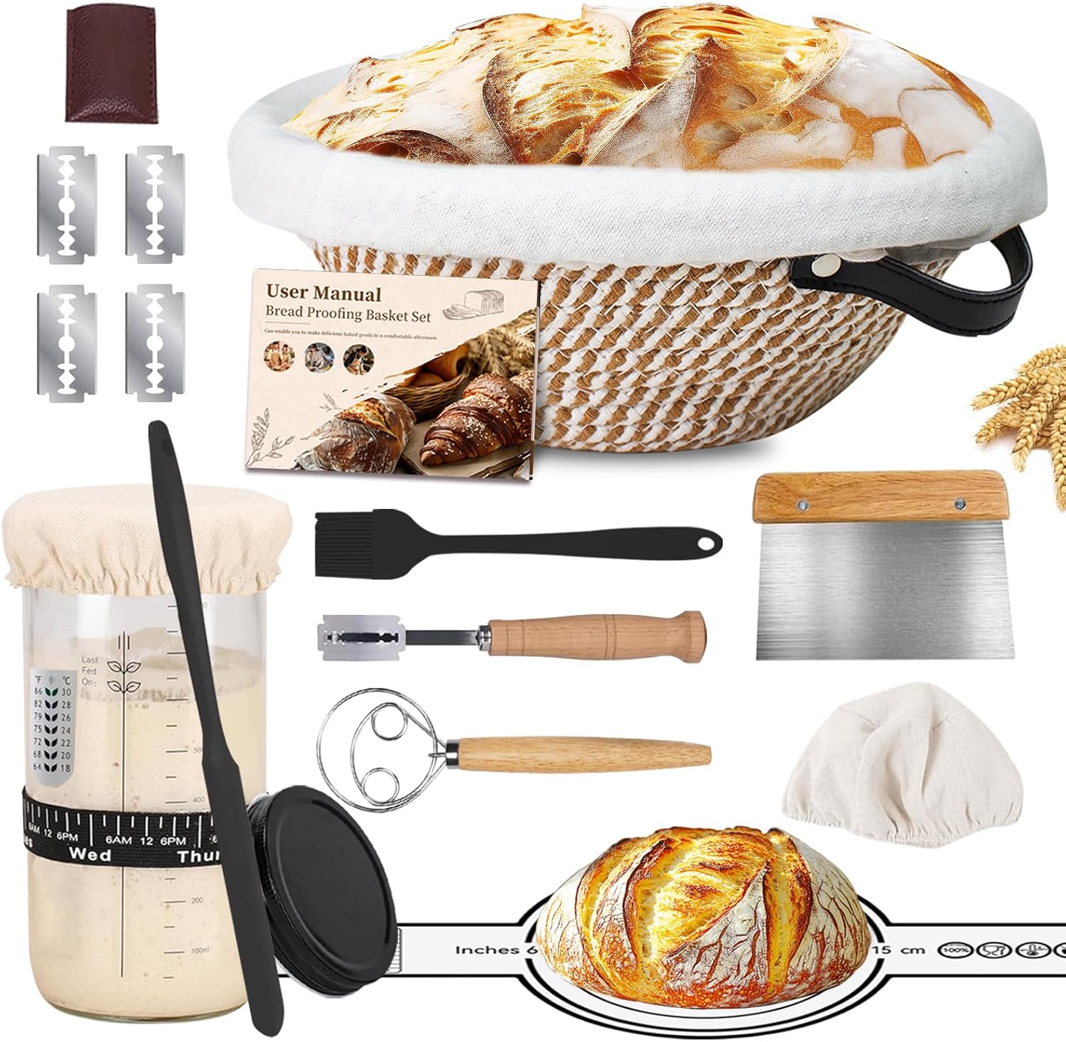 Sourdough Starter Kit,Banneton Bread Proofing Basket 10Inch Round,Sourdough Bread Baking Supplies With Starter Jar,Bread Sling,Lame,Danish Dough Whisk Sourdough Kit Gifts (Khaki)