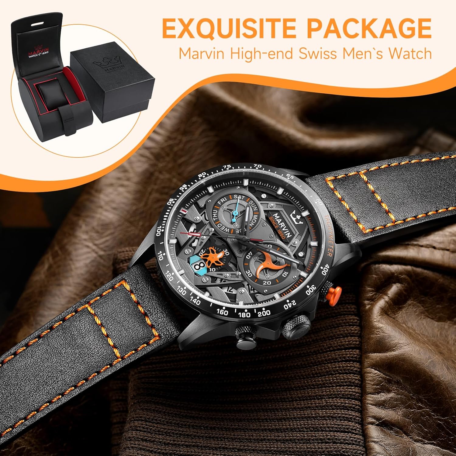 marvin Chronograph Watches for Men Swiss Mens Watch Luxury Men's Wrist Watches with Leather Strap and Weekday,Hour,Date Dial,Quartz Movement,Stainless Steel Case, Luminous,50M Waterproof