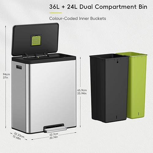 Miniatura 2 de EKO EcoCasa II - Bote de basura de reciclaje de cocina con doble compartimento de 36 L24 L acabado de acero inoxidable