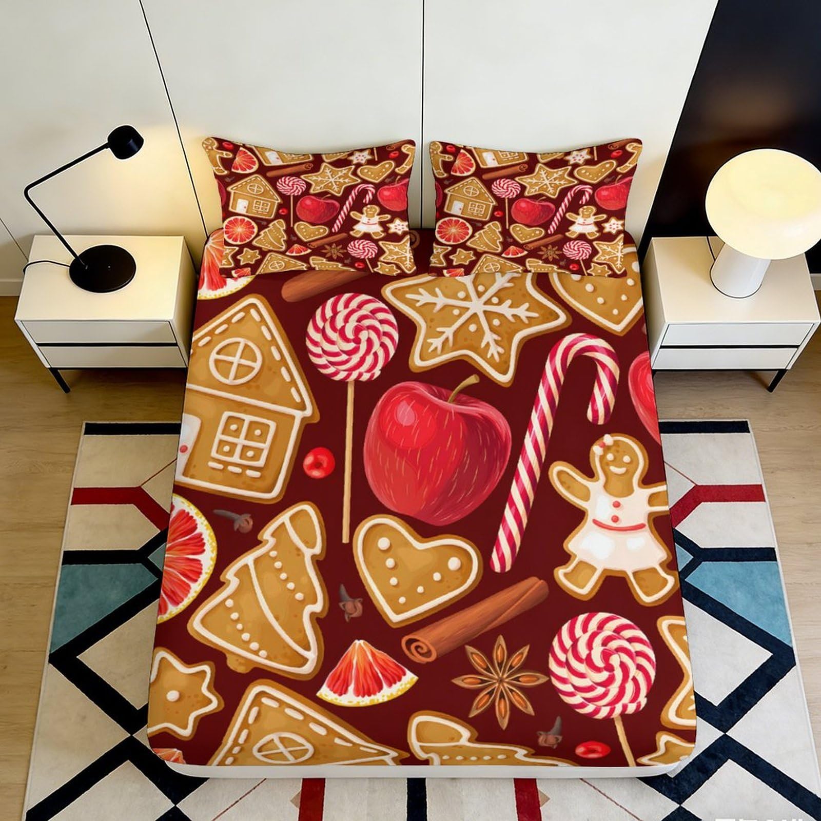 3D Printed Gingerbread Cookie Fitted Sheet Microfiber Red Christmas Candy Mattress Cover for Bedroom Guest Room Decoration 90x200x25cm