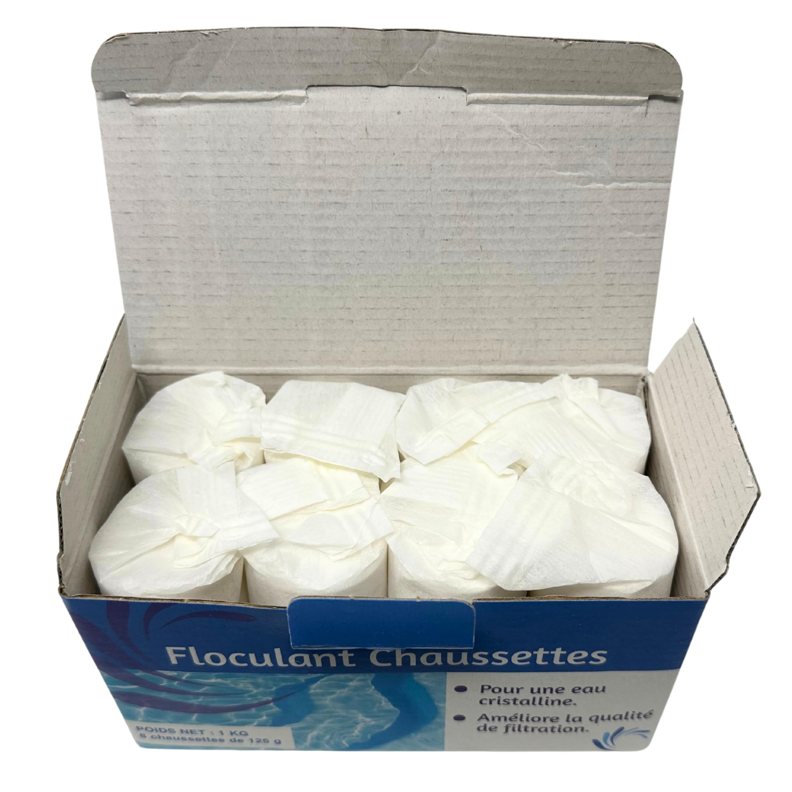 Floculant en Chaussettes pour Piscine – Clarification Efficace pour Filtres à Sable, Boîte de 1 KG – 8 Chaussettes de 125g