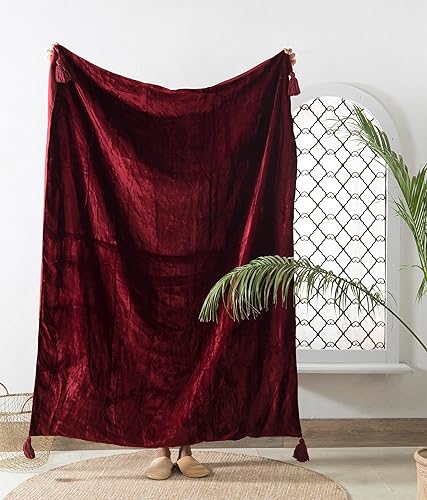 Miniatura 6 de Manta de terciopelo rosa triturado de lujo con borlas terciopelo suave bohemio para sala de estar 472 x 709in UO