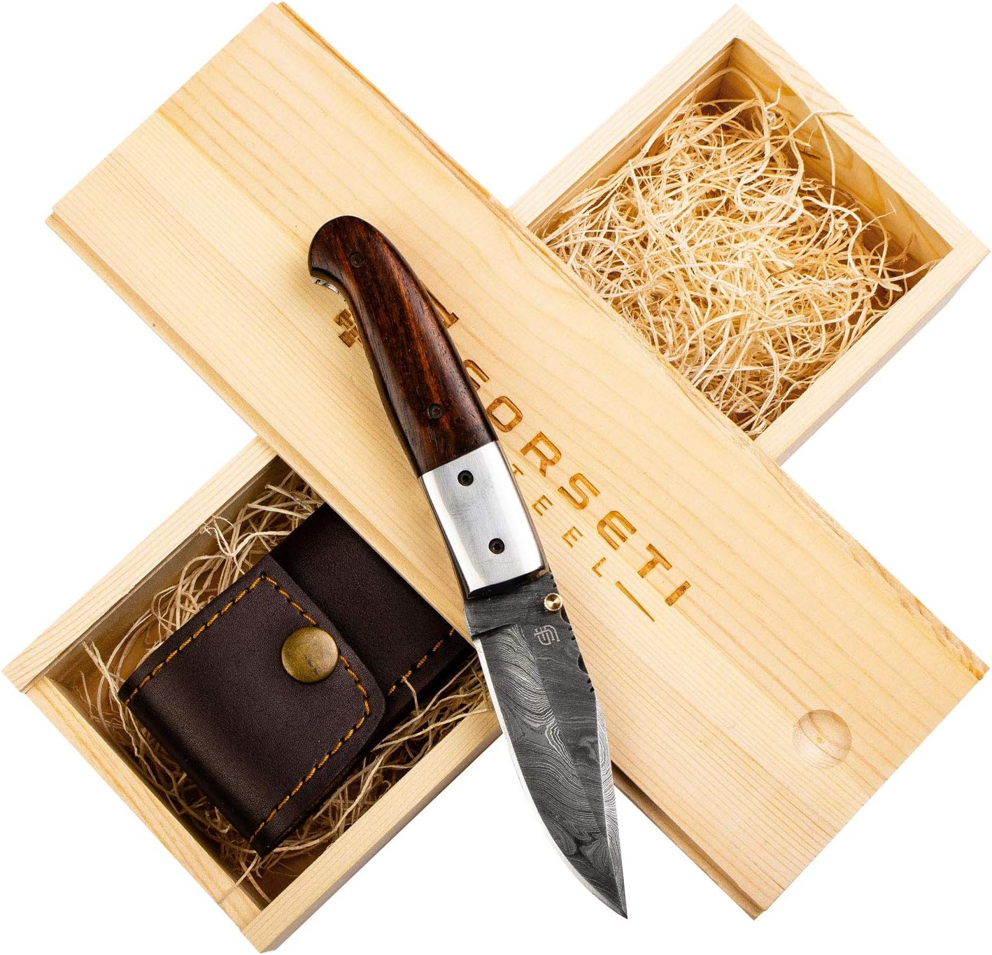 Forseti Steel J.H. Patterson Damascus Steel Pocket Knife – 3.5” Drop Point Blade with Tali Wood Handle and Stainless Bolster