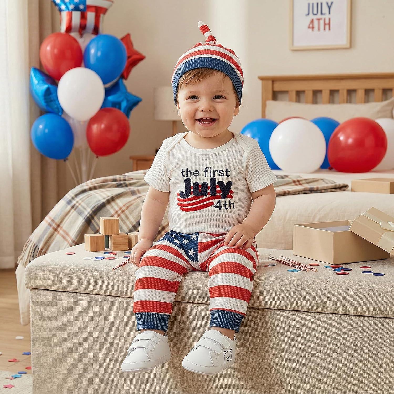 Baby Boy My First 4th of July Outfits Short Sleeve Letter Romper + Star Stripe Pants + Hat